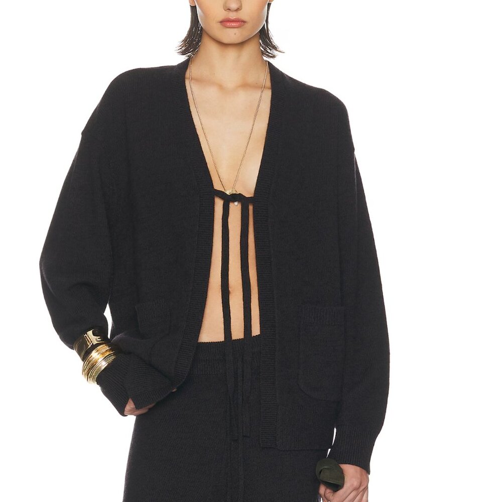 Helsa Paxton Cardigan in Dark Brown Wool Long Sleeve Tie Front Top